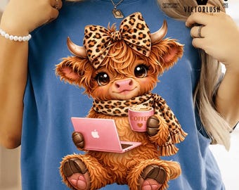 Highland Cow Coffee PNG, Kawaii Baby Sublimation Design, Laptop Clipart