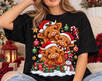 Christmas Highland Cow PNG, Festive Cow Trio with Santa Hats, Holiday Sublimation Design, Digital Download