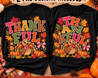 Thankful PNG Bundle, 2 Thanksgiving Turkey Designs, Vintage Fall Cartoon Clipart, Pumpkin Bow Sublimation, Digital Download