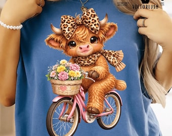 Highland Cow Bicycle PNG, Floral Spring Sublimation Design, Kawaii Baby Cow Clipart