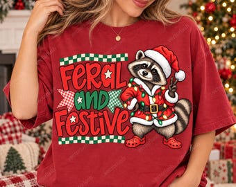 Feral and Festive Raccoon PNG, Funny Christmas Raccoon with Lights, Holiday Sublimation Digital Download