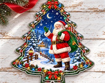 Santa Christmas Tree PNG, Snowy Forest Night Sky Sublimation Artwork, Tree Shaped Wind Spinner Design, Digital Download