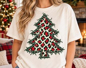 Red Green Leopard Christmas Tree PNG, Faux Frayed Fabric Holiday Design, Transparent PNG for Shirts and Totes