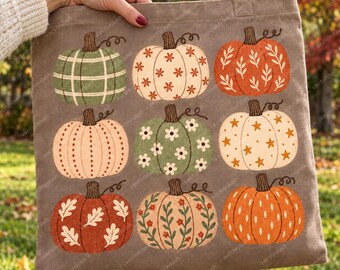 Boho Pumpkin PNG, Nine Autumn Pumpkins with Floral and Plaid Patterns, Neutral Fall Grid, Digital Download