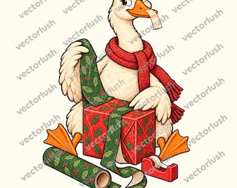 Christmas Goose PNG, Funny Gift Wrapping Goose, Vintage Holiday Sublimation Design, Cute Christmas Clipart, Digital Download