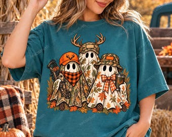 Hunting Ghost PNG, Camo Ghost Trio with Bow and Autumn Leaves, Rustic Outdoors Halloween Digital Download