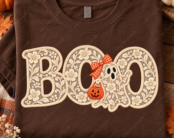 Lace BOO PNG, Faux Lace Ghost with Gingham Bow and Pumpkin Bucket, Coquette Halloween Digital Download