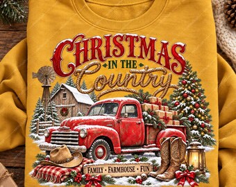 Christmas in the Country PNG, Vintage Red Truck Barn Western Holiday, Digital Download
