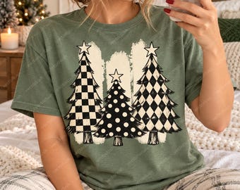Checkerboard Christmas Trees PNG, Black Ivory Distressed Tree Trio, Retro Holiday Digital Download