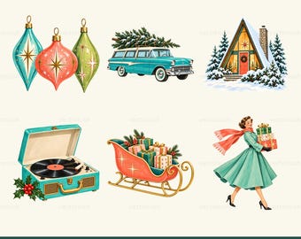 Mid Century Christmas PNG Bundle, 6 Retro Holiday Clipart Designs, Vintage Car Cabin Ornaments and Record Player, Digital Download