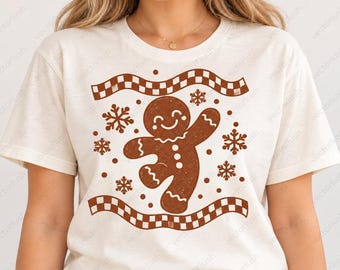 Retro Checkered Gingerbread PNG, Dancing Christmas Cookie, Distressed Brown Holiday Sublimation Design, Digital Download