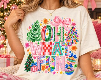 Oh What Fun PNG, Colorful Christmas Design, Hand Painted Holiday Letters, Pink Bow and Christmas Trees, Transparent Download