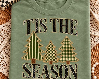 Tis The Season PNG, Green Patchwork Christmas Trees, Polka Dot Lettering, Faux Applique Digital Download