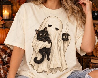 MEH Ghost Cat PNG, Tired Ghost with Black Cat and Coffee, Cozy Halloween Graphic, Digital Download