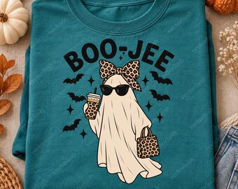 BOO-JEE Ghost PNG, Leopard Bow and Coffee Halloween Design, Cute Bat Graphic, Transparent Digital Download