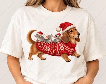 Christmas Dachshund PNG, Dog in Red Sweater with Mice, Cute Holiday Dog Clipart, Digital Download