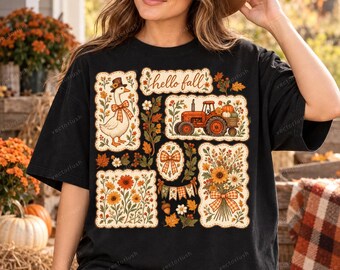 Hello Fall PNG, Autumn Goose and Tractor Collage, Cottagecore Floral Patchwork Graphic, Digital Download