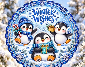 Winter Wishes Penguins Wind Spinner PNG, Cute Blue Christmas Penguins, Round Sublimation Artwork, 2 Sizes Digital Download