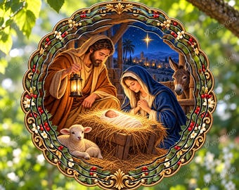 Nativity Wind Spinner PNG, Christmas Manger Scene, Mary Joseph and Baby, Round Sublimation Artwork, 2 Sizes Digital Download
