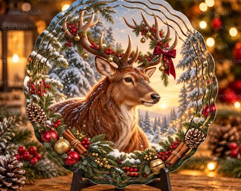 Christmas Deer Wind Spinner PNG, Festive Stag with Evergreen Antlers, Round Winter Sublimation Art, 2 Sizes Digital Download