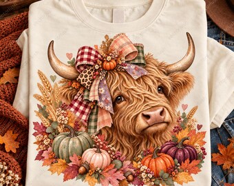 Fall Highland Cow PNG, Autumn Floral Cow with Patchwork Bow and Pumpkins, Transparent Digital Download