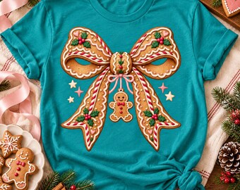 Gingerbread Bow PNG, Coquette Christmas Cookie Design, Pink Icing Holiday Baking Clipart, Transparent PNG for Shirts and Totes