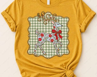 Gingham Reindeer PNG, Blue Poinsettia Deer with Red Bow, Faux Gold Frame Christmas Digital Download