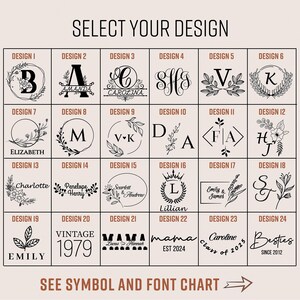 May include: A selection of 24 design options for personalized items. Each design features a unique combination of text, initials, and decorative elements like wreaths, leaves, and floral accents. The text "SELECT YOUR DESIGN" is at the top.