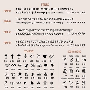 May include: A beige chart displays various fonts, symbols, and zodiac signs. Four font styles are shown with uppercase and lowercase alphabets and numbers. Symbols include crosses, hearts, and other designs. Zodiac signs are also displayed.