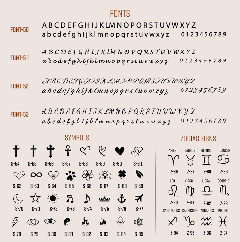 May include: A beige chart displays various fonts, symbols, and zodiac signs. Four font styles are shown with uppercase and lowercase alphabets and numbers. Symbols include crosses, hearts, and other designs. Zodiac signs are also displayed.
