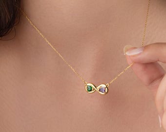 14k Gold Infinity Necklace with Heart Birthstones • Custom Jewelry for Wife • Romantic Gift for Women • Birthstone Jewelry