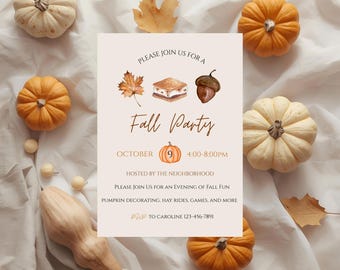 May include: An invitation for a fall party with the text "Fall Party" and the date "October 9". The invitation is surrounded by pumpkins, gourds, and fall leaves. The invitation includes the text "Pumpkin decorating, hay rides, games, and more."