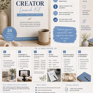 Puede incluir: Una guía digital titulada The Ultimate UGC Creator Launch Kit, que contiene 26 páginas de estrategias, plantillas y guiones. El documento detalla los pasos para iniciar un negocio, conseguir acuerdos con marcas y crear contenido, incluyendo un plan de 30 días.