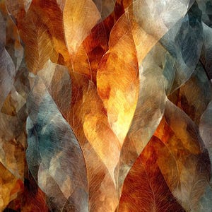 May include: Abstract digital art featuring overlapping leaves in shades of orange, brown, and gray. The leaves have intricate vein patterns and a translucent quality, creating a layered, textured effect. The overall composition evokes a sense of warmth and natural beauty.
