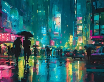 Rainy City Wall Art Printable, Neon Night Street Scene, Cinematic Urban Painting, Modern Cityscape Digital Download Poster