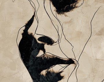 Abstract gezicht lijnkunst afdrukbare, moderne minimale portretkunstwerken, neutraal hedendaags wanddecor, artistieke schets digitale download