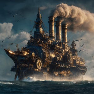 Puede incluir: Un barco de estilo steampunk, el "Orion", navega sobre un mar agitado. La embarcación es una compleja disposición de metal, con chimeneas humeantes. Gaviotas vuelan en el cielo nublado sobre el barco, creando una escena dramática.