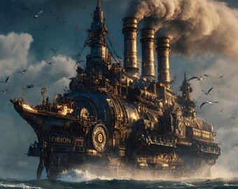 Steampunk Ship Wall Art Printable, Cinematic Mechanical Vessel Ocean Fantasy, Industrial Nautical Decor, AI Digital Download Poster