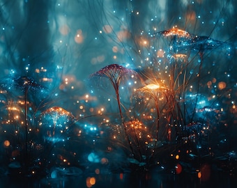 Bioluminescent Forest Wall Art, Fantasy Nature Printable, Glowing Plants Art, Blue Gold Decor, Magical Digital Download