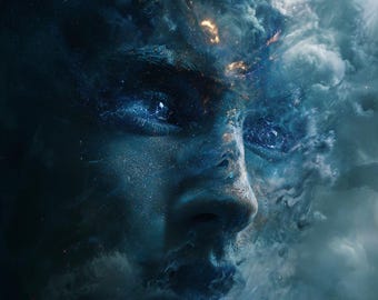 Kosmisches Gesicht Wand Kunst zum ausdrucken, Abstraktes Portrait, Surreales Space Art, Blaues Fantasy Dekor, digitaler Download