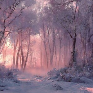 May include: A tranquil winter forest scene with snow-covered ground and trees. The image has a soft, pinkish-purple colour palette, with sunlight filtering through the trees, creating a dreamy atmosphere. The scene evokes a sense of peace and tranquility.
