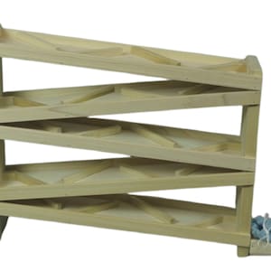 May include: Wooden toy with four levels of ramps and a small fabric bag at the bottom. The ramps are made of wood and have a natural finish. The toy is designed to be used with marbles or other small objects.