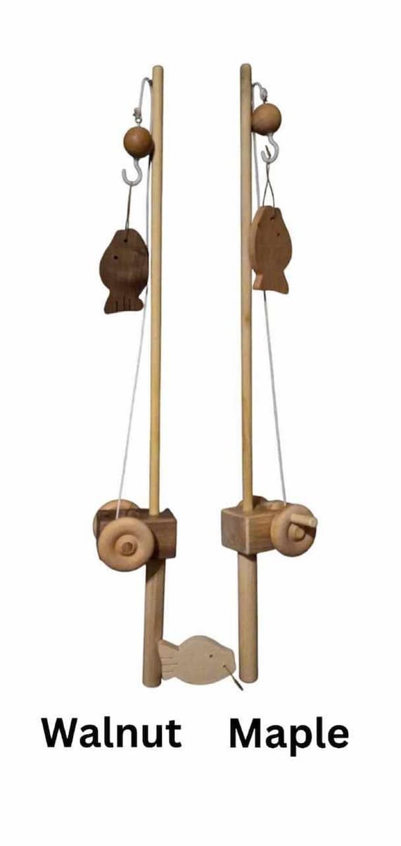 Organic Wooden Toy Fishing Pole With A HOOK and 3 Fish 