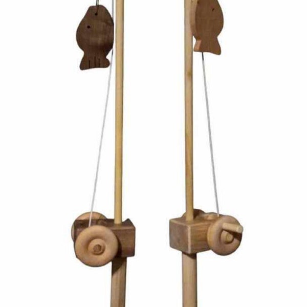 Organic Wooden Toy Fishing Pole With A HOOK And 3 Fish