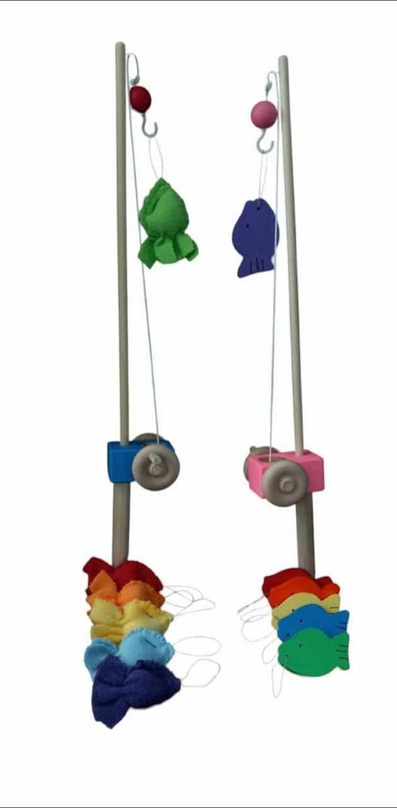 Pink or Blue Wooden Toy Fishing Pole Combo With Hook and 6 Fish 