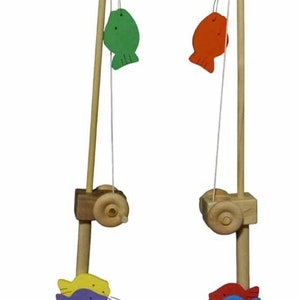 Wooden Toy Fishing Pole With A Hook And 3 Fish