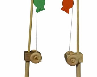 Wooden Toy Fishing Pole With A Hook And 3 Fish