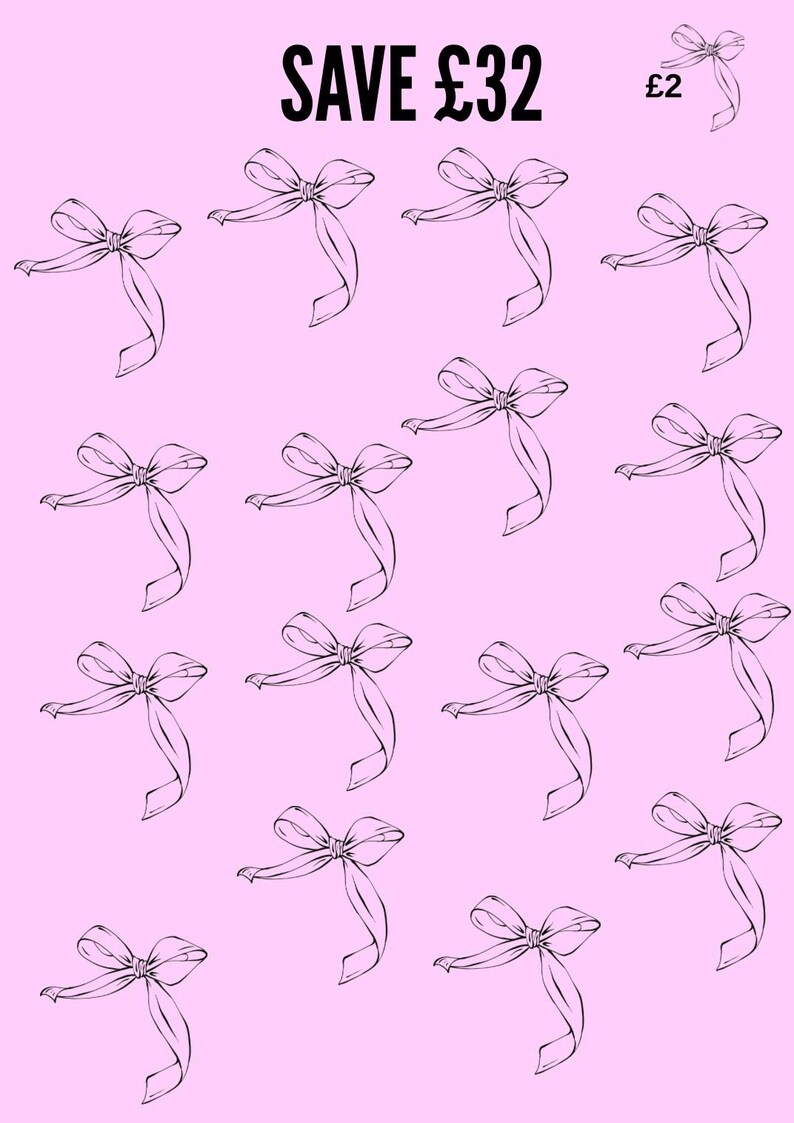 K&ouml;nnte beinhalten: Rosa Hintergrund mit einem Muster aus schwarzen, mit Linien gezeichneten Schleifen. Der Text "SAVE &pound;32" steht oben, mit einem kleineren "&pound;2" und einer Schleifengrafik. Die Schleifen sind gleichm&auml;&szlig;ig auf dem rosa Hintergrund verteilt.