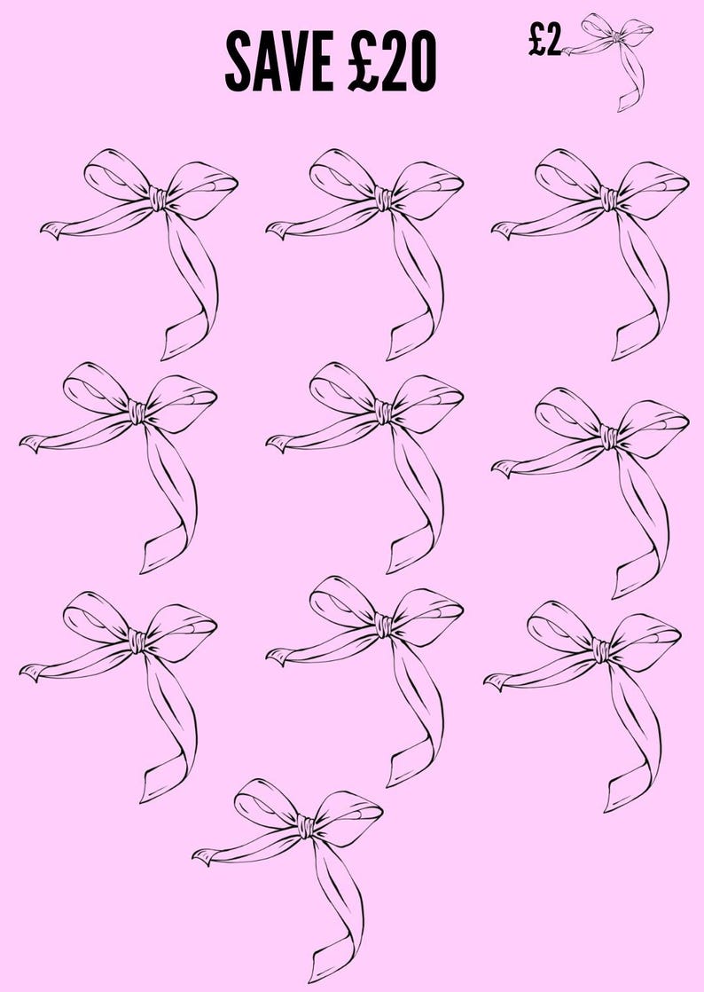 K&ouml;nnte beinhalten: Rosa Hintergrund mit einem Muster aus schwarzen, mit Linien gezeichneten Schleifen. Der Text "SAVE &pound;20" steht oben, mit einer kleineren Schleife und dem Text "&pound;2" rechts oben. Die Schleifen haben lange, flie&szlig;ende B&auml;nder.