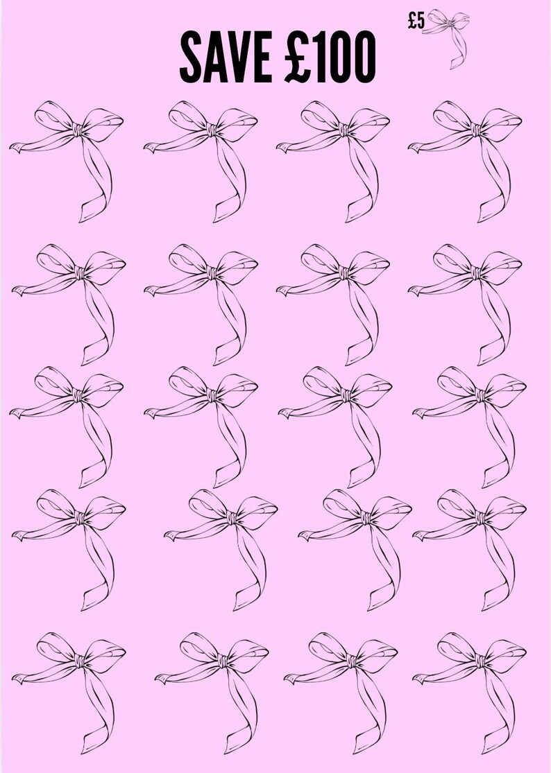 K&ouml;nnte beinhalten: Ein rosa Hintergrund mit einem sich wiederholenden Muster aus schwarzen, mit Linien gezeichneten Schleifen. Der Text "SAVE &pound;100" steht oben, mit einer kleineren "&pound;5"-Grafik. Die Schleifen sind stilisiert mit flie&szlig;enden B&auml;ndern.